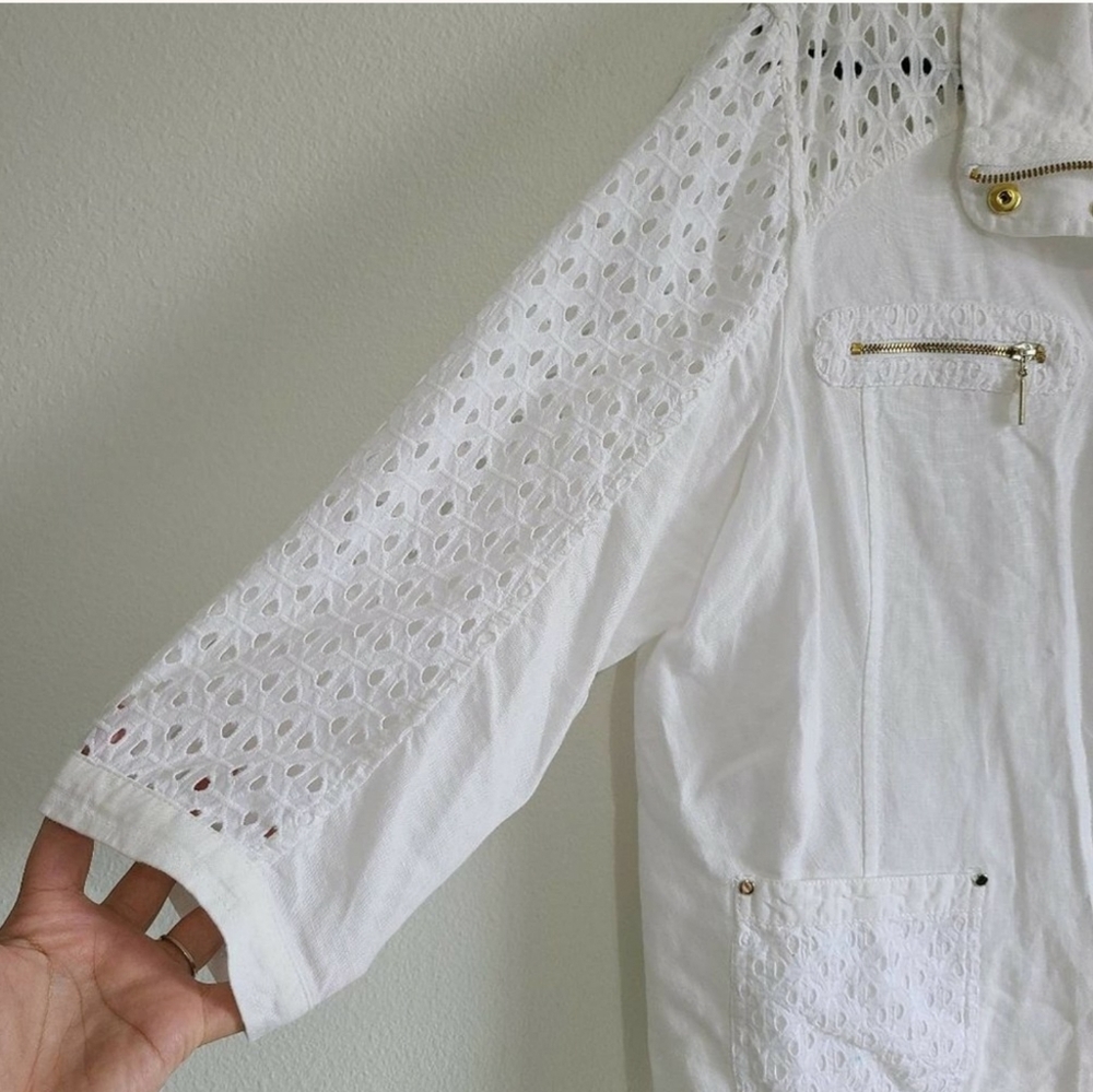 Chico's alabaster Linen Eyelet 3/4 Sleeve Jacket L - Picture 11 of 13